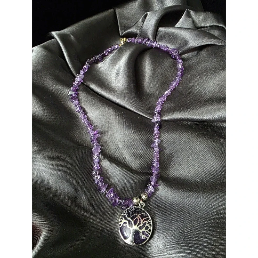 Amethyst Tree Of Life Silver Plated Pendant Healing Stone Necklace